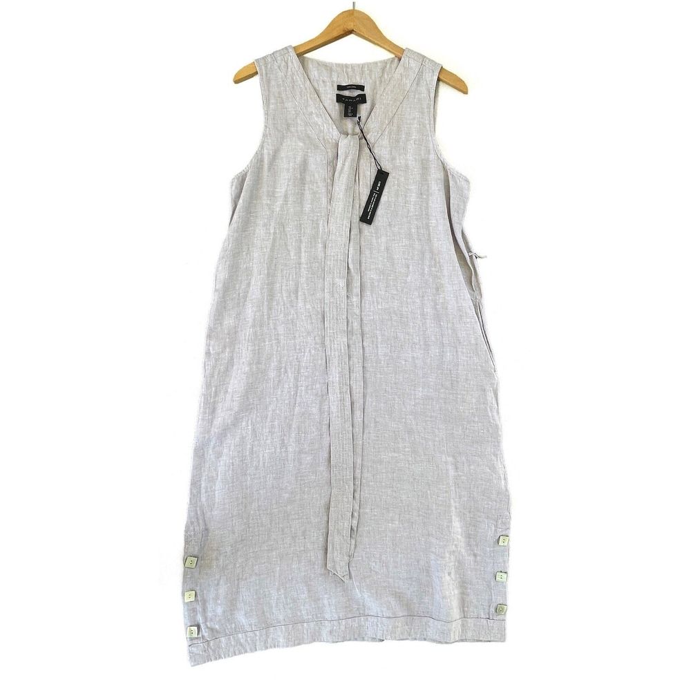 TAHARI NEW 100% Linen Sleeveless Tunic Dress Sz L Belt & Pockets V-Neck Slits